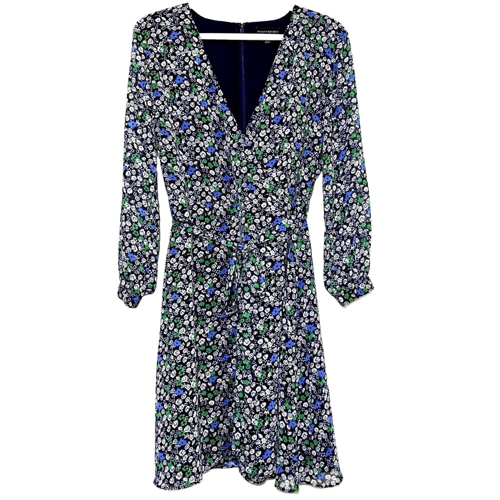 Banana Republic Dress Womens 8 Navy Floral Faux Wrap Long Sleeve V Neck Lined